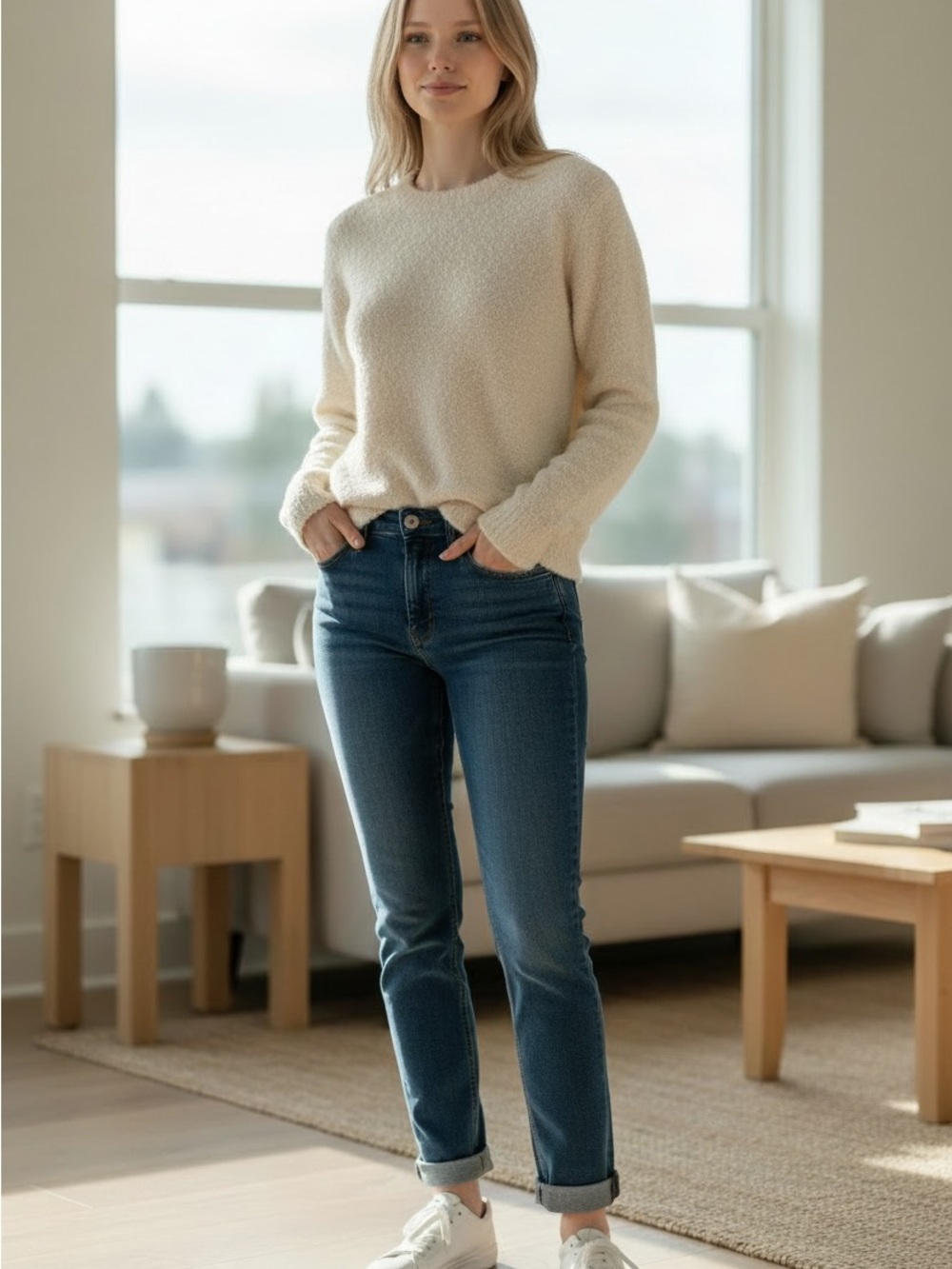 Moda International Ivory Bouclé Sweater | Size Small